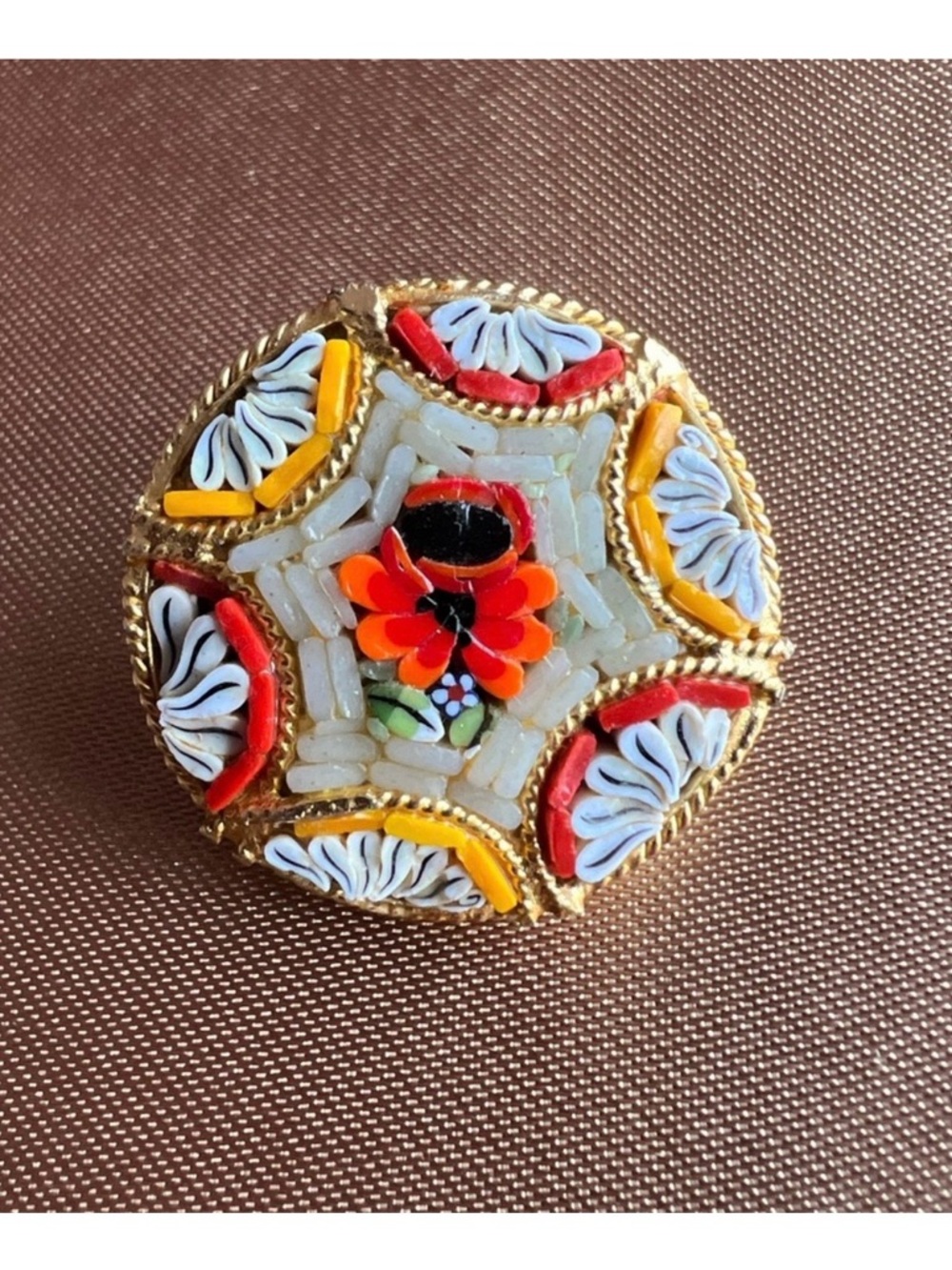 Vintage Round Italian Micro Mosaic Red Yellow Forget Me Not Flower Brooch Italy